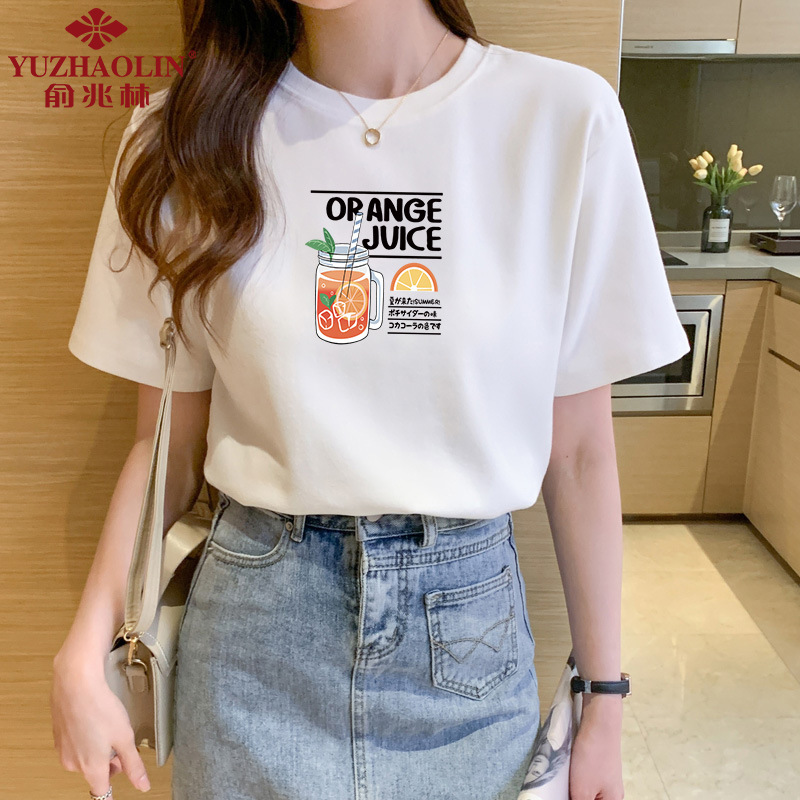 俞兆林纯棉T恤女小熊网红图案多印花可选百搭休闲短袖T恤女士 柠檬茶白色 M码怎么看?