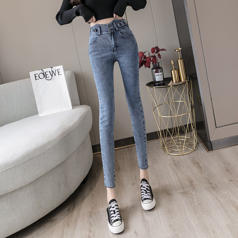 乐漫咪小腿裤小个子休闲裤 小裤脚女150cm八分牛仔裤春秋搭配高腰修身