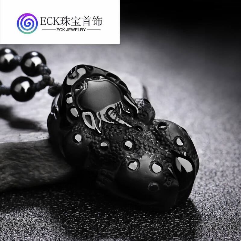 eck黑曜石貔貅吊坠乌鸦血石石碑皮休饰品霸王貔貅项坠毛衣链 普通挂绳