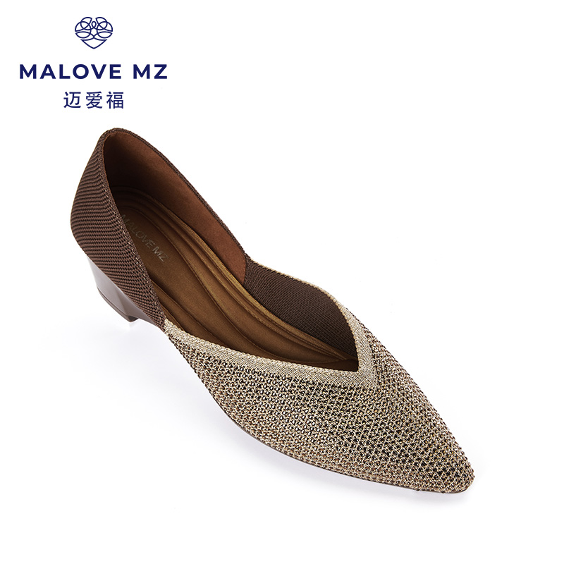 MALOVE MZ王妃鞋新款3.7cm尖头水晶低跟单鞋女职业通勤百搭平底鞋新款单鞋 金色魅力(脚宽建议拍大一码) 37
