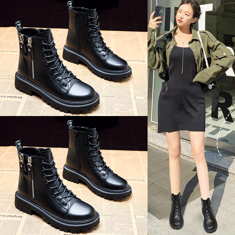 柯妮丽人马丁靴女靴子2025新款英伦风女鞋增高女士短靴系带机车女靴潮鞋子 黑色单里 36