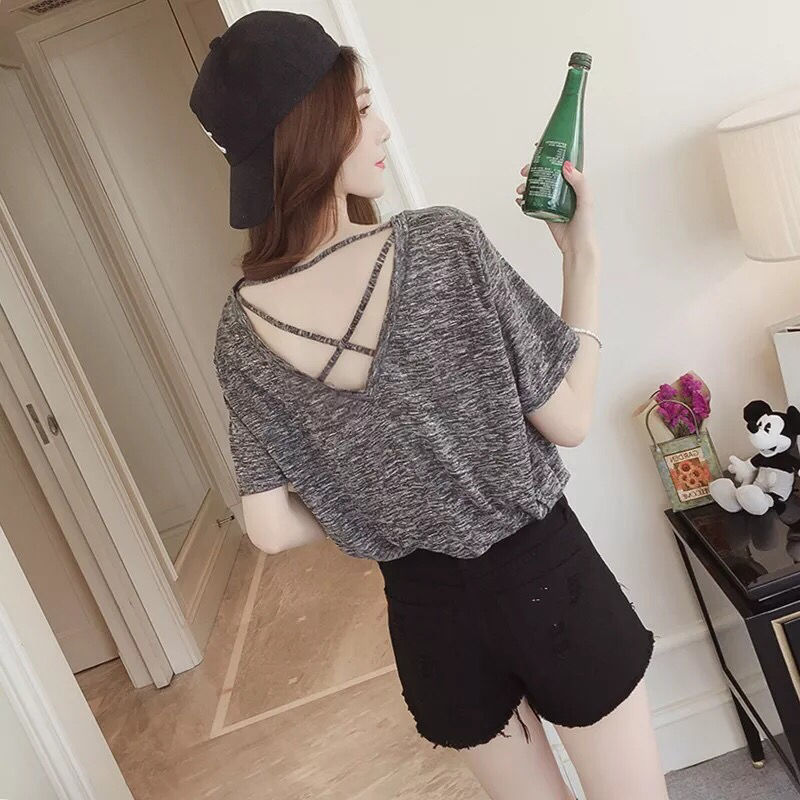 顏隨露背裝夏上衣性感T恤女短袖韓版黑色鏤空露背性感純色小心機上衣 深灰色 S