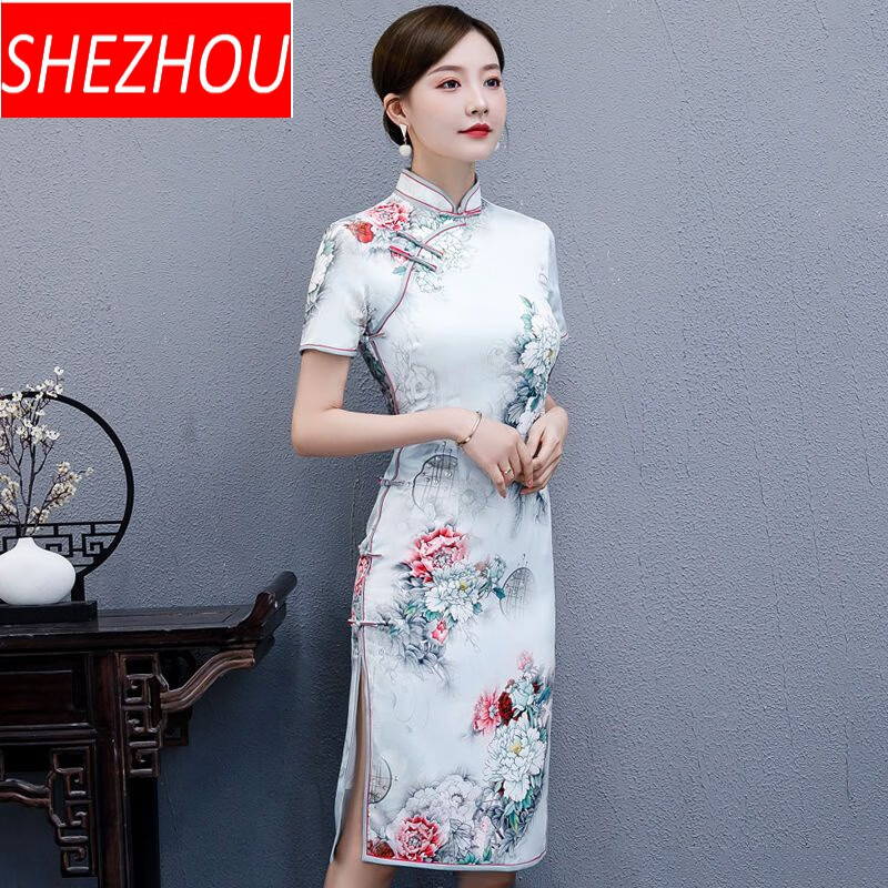 奢洲2022夏季新款改良旗袍女双层丝绸中长款短袖修身显瘦旗袍连衣裙