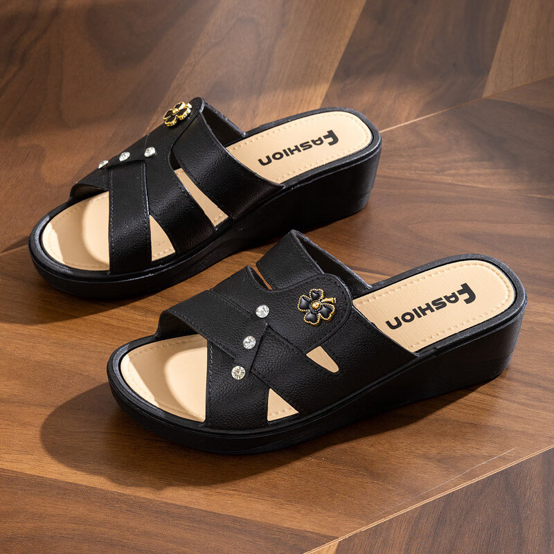 女士高跟拖鞋夏季外穿厚底时尚家居妈妈鞋软底社会坡跟凉拖鞋 黑色-5CM 36【偏小一码】