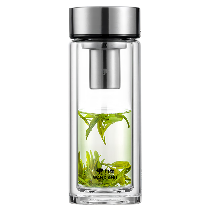 万象（WANXIANG）双层玻璃杯V304R钛银色480ML大容量泡茶杯商务办公带滤网水杯