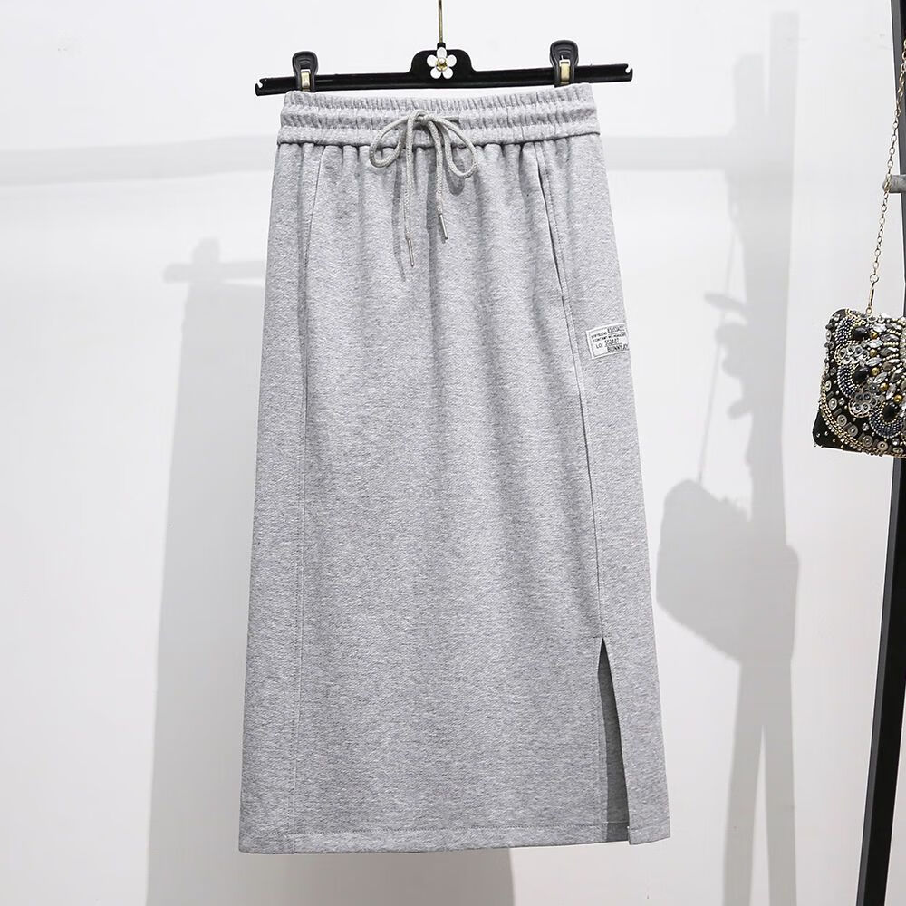 泰载中长款弹力半身裙女2023春夏新款高腰灰色一步裙开叉运动包臀裙子
