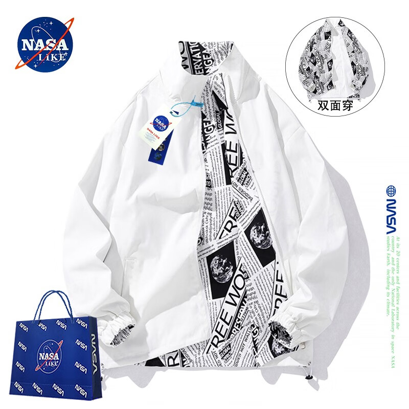 NASA LIKE官方潮牌双面穿外套秋春季立领夹克男女情侣上衣服宽松大码棒球服 白色 3XL（建议180-210斤）
