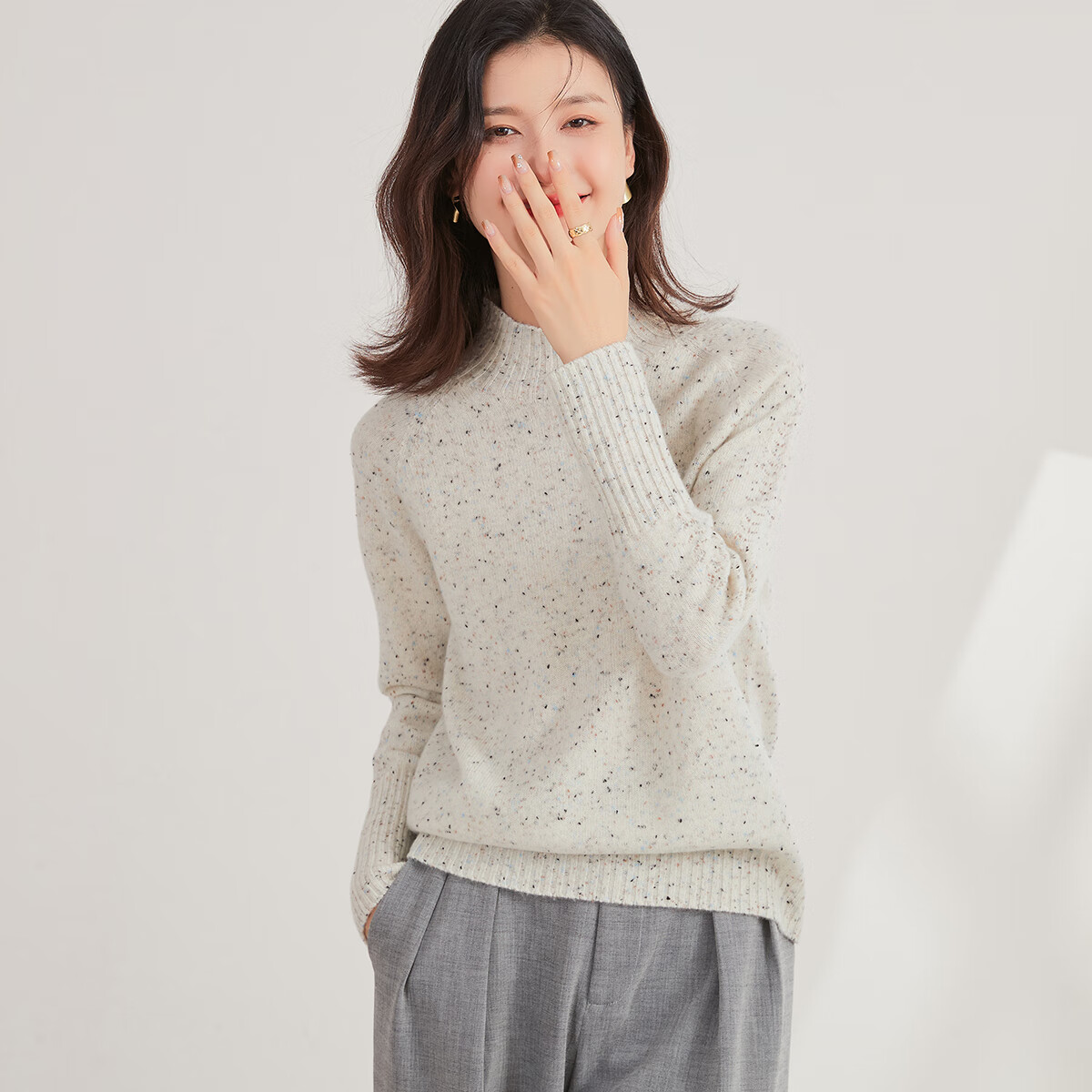 金菊秋冬厚款羊毛衫点子纱打底无缝百搭半高领插肩袖女式毛衣 盐白XL