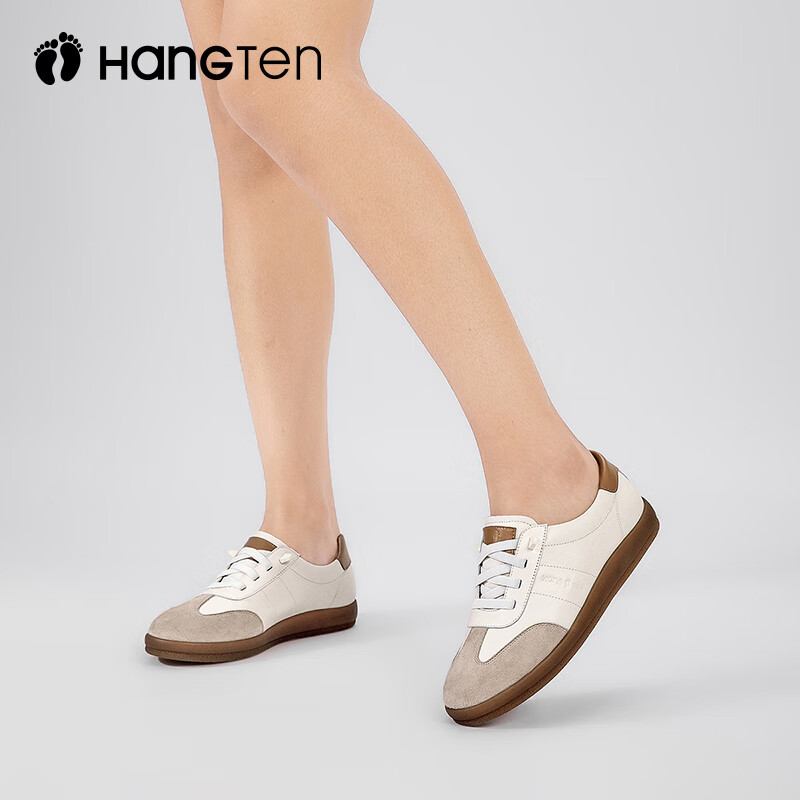 欢腾(HANG TEN)休闲运动鞋女复古潮流时尚百搭板鞋女防滑耐磨平底德训女鞋 米白棕(皮鞋码) 39