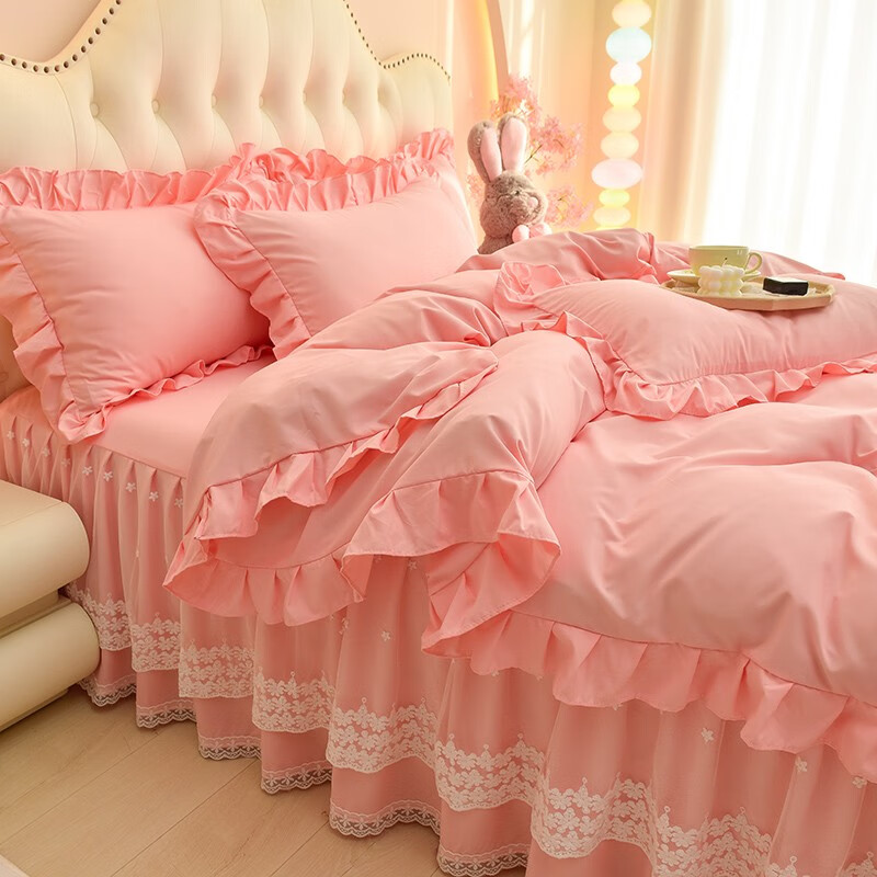 情缘梦（QingYuanMeng）床裙四件套韩版公主风床罩式纯色蕾丝花边床单被套床上用品四季款 玉 1.5床-床裙款四件套-被套2*2.3M