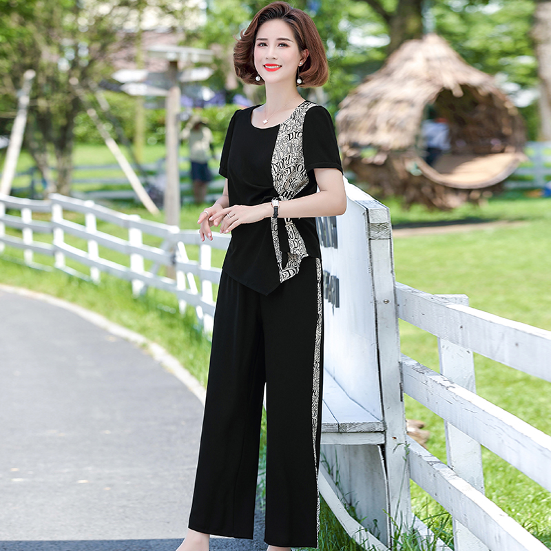 予瑾 小个子微胖女人穿的衣服夏季雪纺套装时尚妈妈装两件装大码40岁