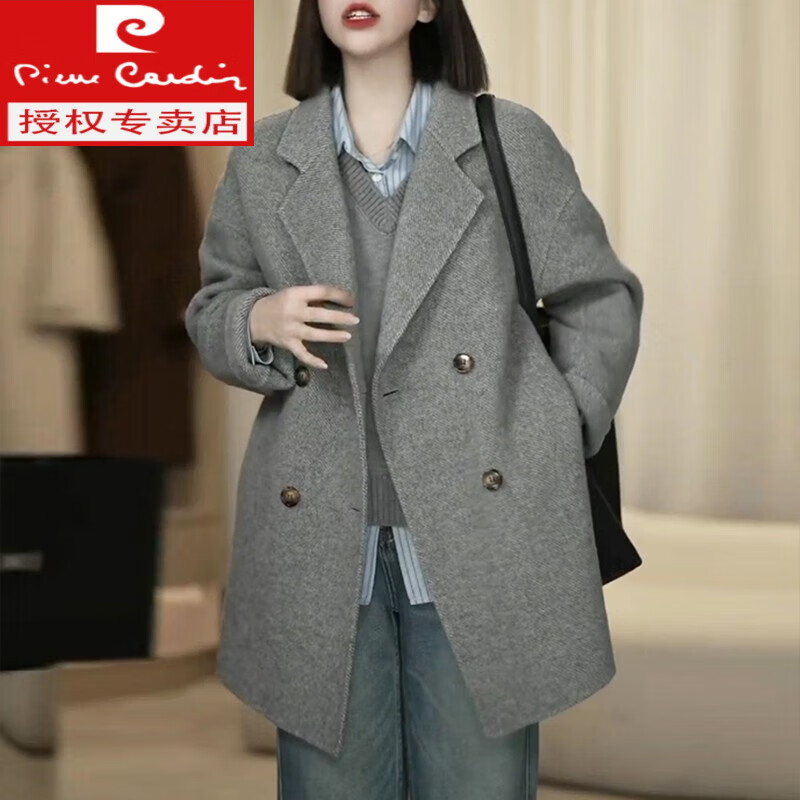 皮爾卡丹（PIERRE CARDIN）短款2025秋冬韓版毛呢大衣氣質(zhì)顯瘦肌理感女外套簡(jiǎn)約通勤中性外套 嘉興雙面呢大衣灰色 S 濮院雙面絨大衣 90-125斤