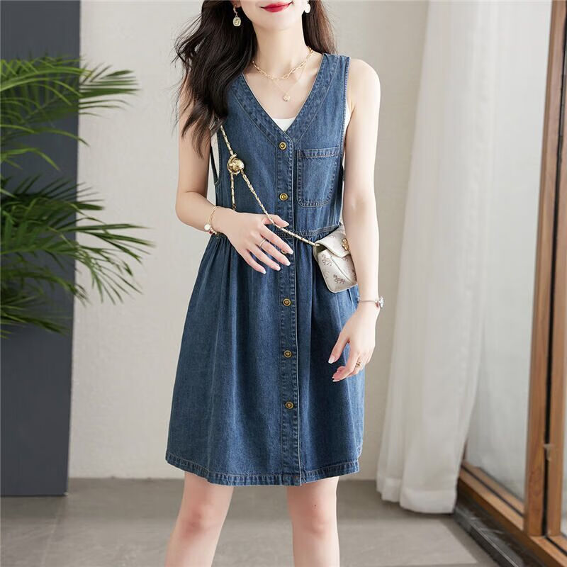 有恪夏季矮小个子牛仔背带裙女士连衣裙复古牛仔无袖背心连衣裙女夏季