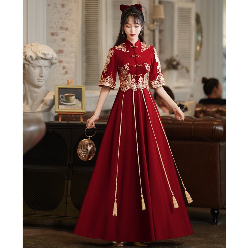 塞德勒(saidele)敬酒服新娘旗袍酒红色答谢宴结婚礼服女中式长款平时