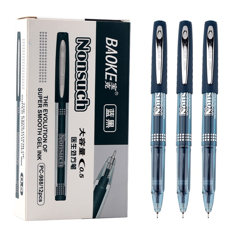 宝克（BAOKE）PC988  0.5mm蓝黑色半针管中性笔大容量水笔医生处方笔签字笔  12支/盒