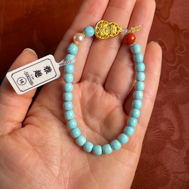gmay 【少量】原创高瓷高蓝溢水料绿松石 古法金手串【雅趣】 16码/5.