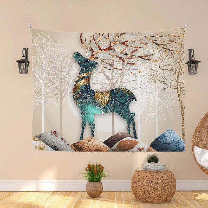 美短背景墙挂布ins风挂毯墙面装饰卧室床头画布 富贵鹿 宽100cm*高