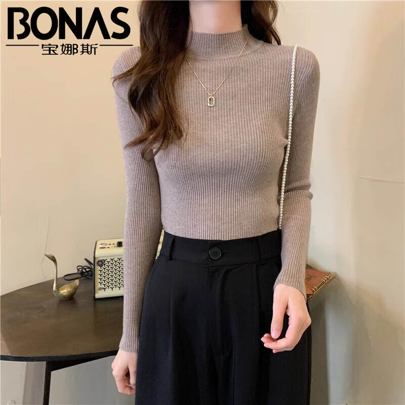 宝娜斯（BONAS）半高领长袖毛衣女基础内搭打底衫春秋冬韩版修身针织衫女上衣 半高领卡其 均码 (80-140斤)