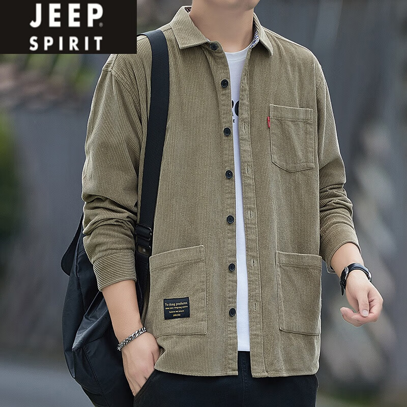 JEEP SPIRIT重磅新款纯棉灯芯绒长袖衬衫男士秋冬款港风工装全棉衬衣外套大码 黑色(三口袋) C608 M (建议95-115斤)