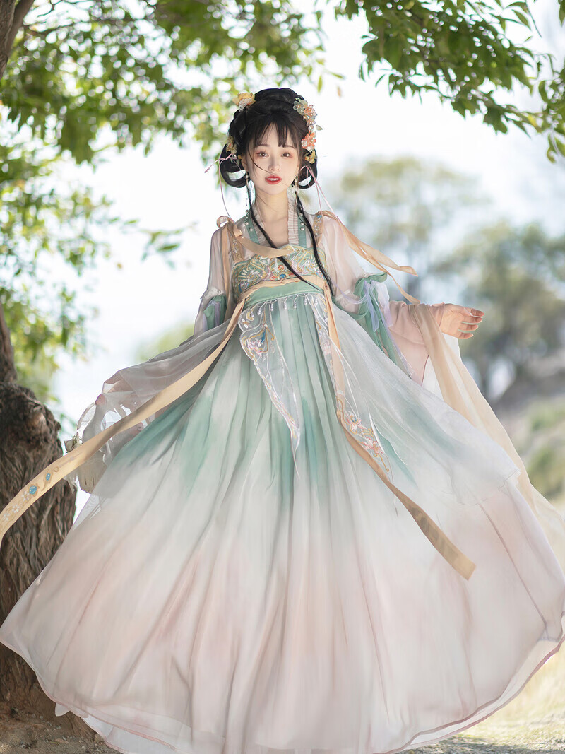 汉虞葵原创汉服女【春晚嫣雨】齐胸汉元素重工刺绣唐制日常款 粉绿色