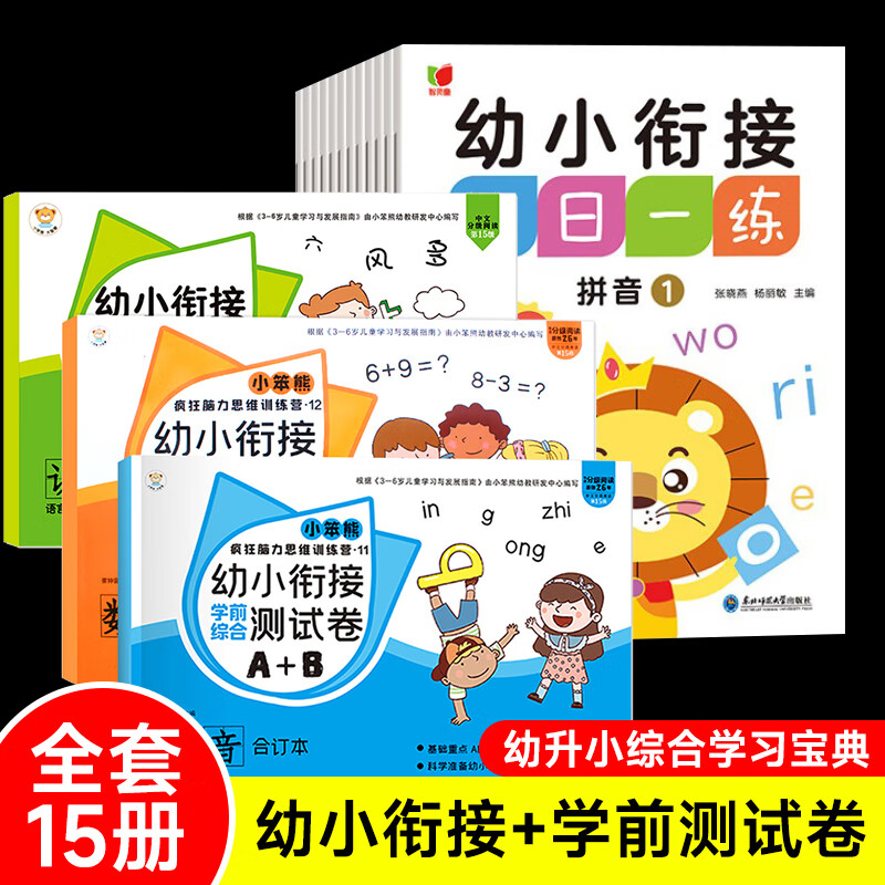幼小衔接一日一练全套12册整合教材学前班升一年级大班入学准备练习册拼音数学识字书幼儿3-6岁专项训测试卷幼升小综合练习 幼小衔接一日一练+学前测试卷【全套15册】
