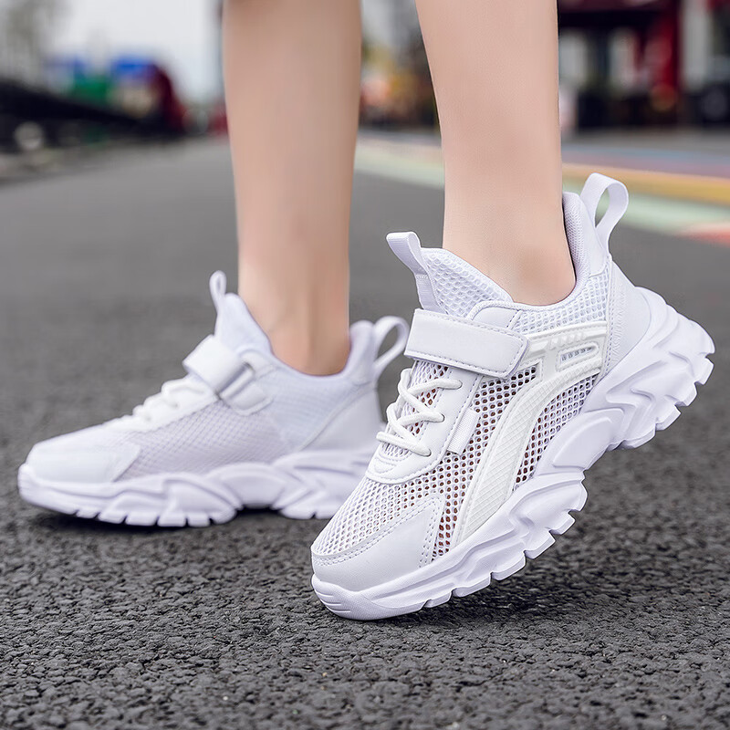 鞋子夏季单网透气跑步鞋中大童防滑轻便运动鞋 白色/308/夏季单网 27