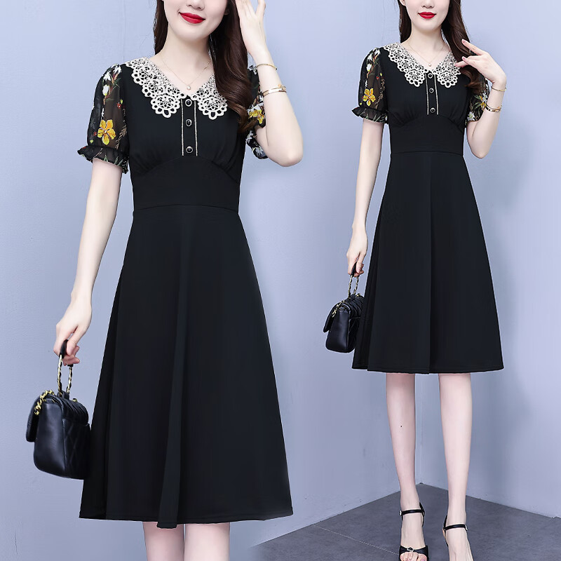 薇洛萱2024夏季新款连衣裙女装花边装饰拼接收腰显瘦中长款夏天裙子