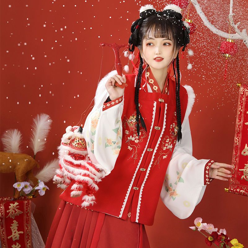酷虎客汉服成人女秋冬加厚贺新年汉服明制比甲交领马面裙拜年服 红色