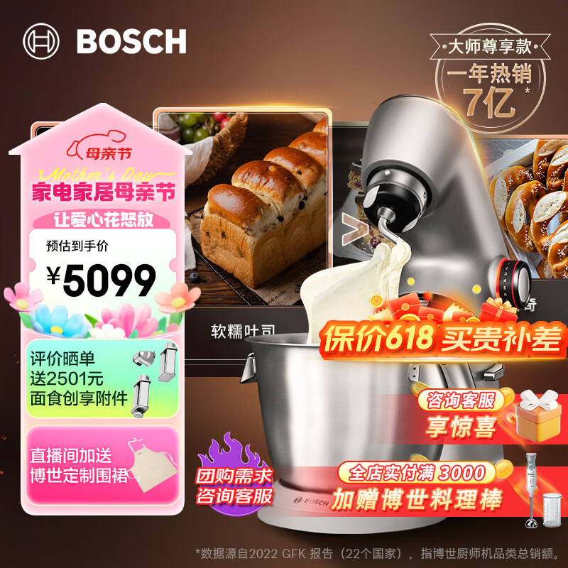 BOSCH 博世 欧洲原装进口全自动厨师机多功能料理机和面机搅拌机面条机打蛋器绞肉机MUMPC54S12