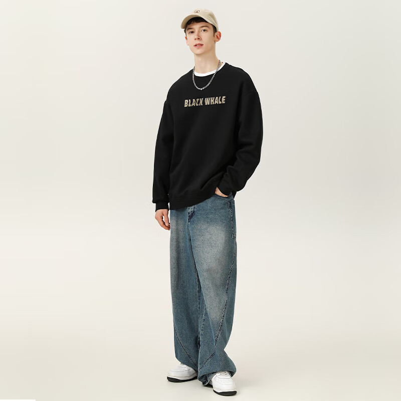 黑鲸海澜之家旗下潮牌无帽卫衣男春秋季正肩圆领上衣休闲外套 黑 M