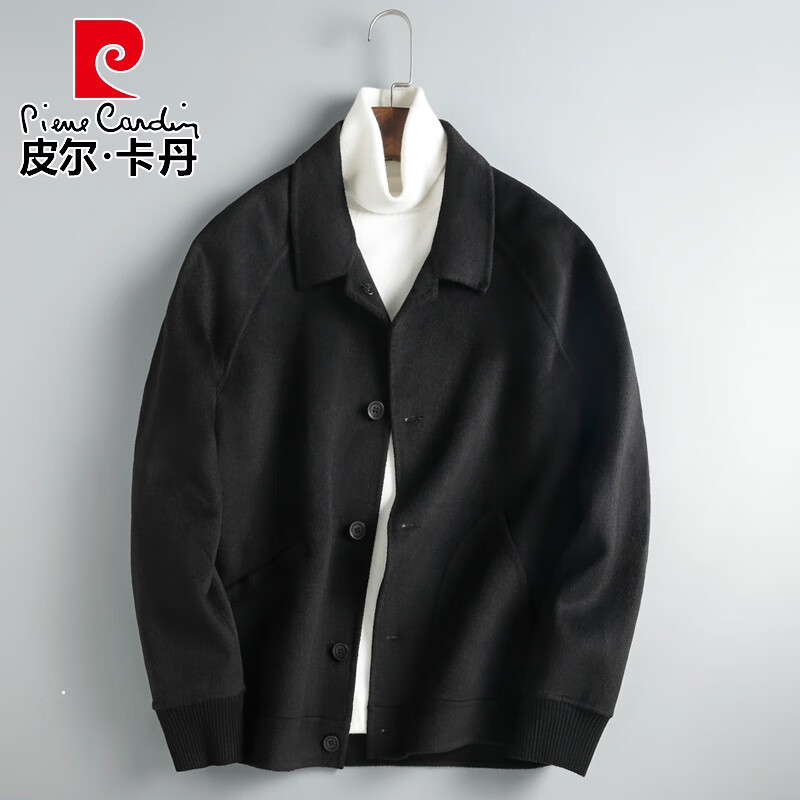 皮爾卡丹品牌高檔男裝秋冬季新款雙面阿爾巴卡羊毛呢短款翻領(lǐng)毛呢外套男純手工羊毛呢子休閑大衣輕商務(wù)針織 黑色 175/L
