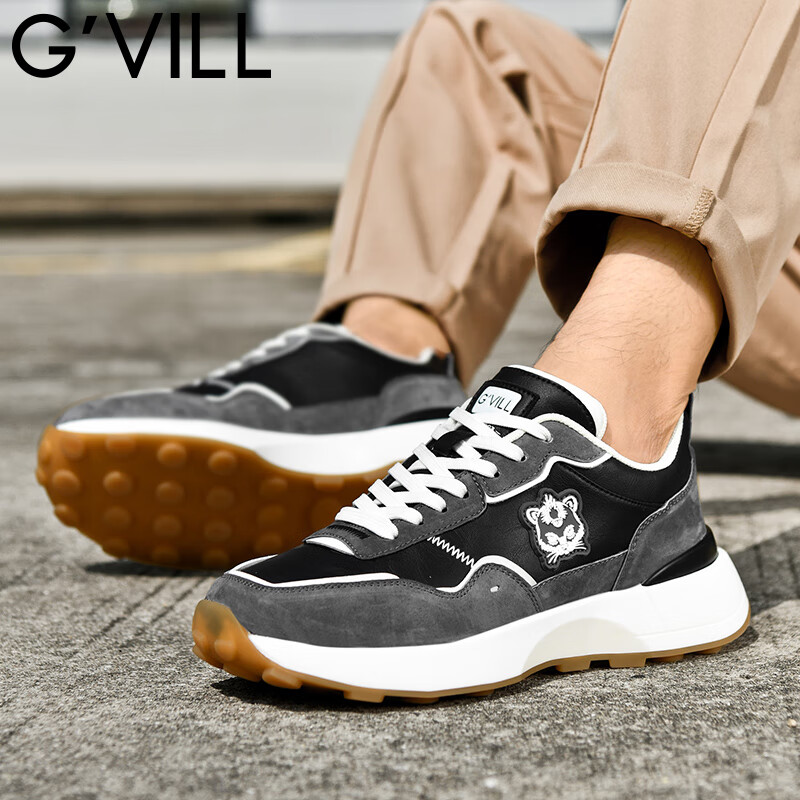 贵之步G'VILL 男鞋春秋季2024新款真皮潮流百搭老爹鞋子跑步运动休闲鞋 黑灰 42