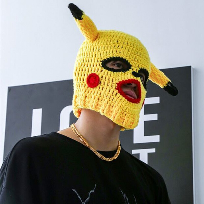 69头套搞笑 悍匪头套皮卡丘 沙雕搞怪毛线针织比卡丘面罩 劫匪