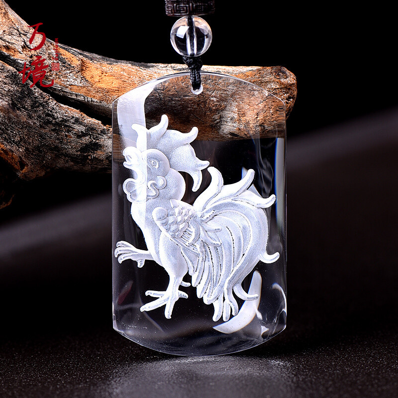 万境 孤品阴雕12生肖属相鸡挂件项链天然白水晶吊坠男女士龙年吉祥物