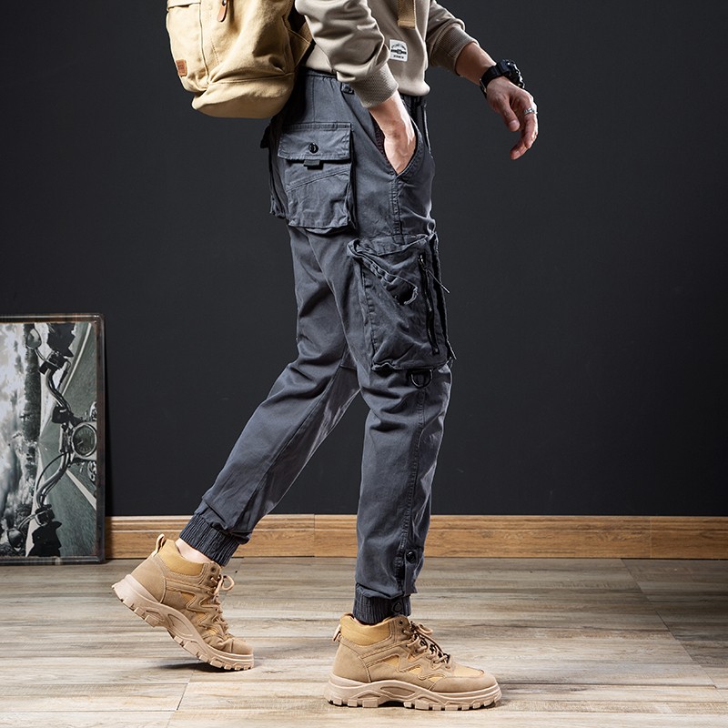 潮天士裤脚搭扣束脚工装裤男宽松休闲裤男士秋冬弹力运动小脚哈伦长