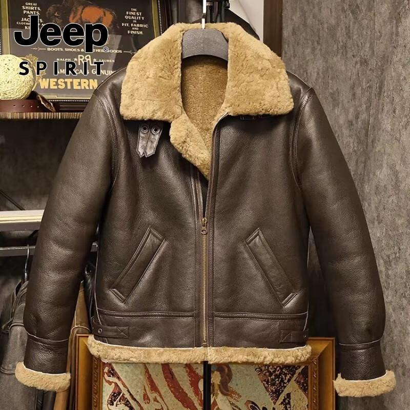 吉普（JEEP）原生態(tài)皮毛一體飛行服男羊羔毛真皮皮衣機(jī)車短款?yuàn)A克皮草外套厚 進(jìn)口皮毛B3棕駝 6XL 190-205斤