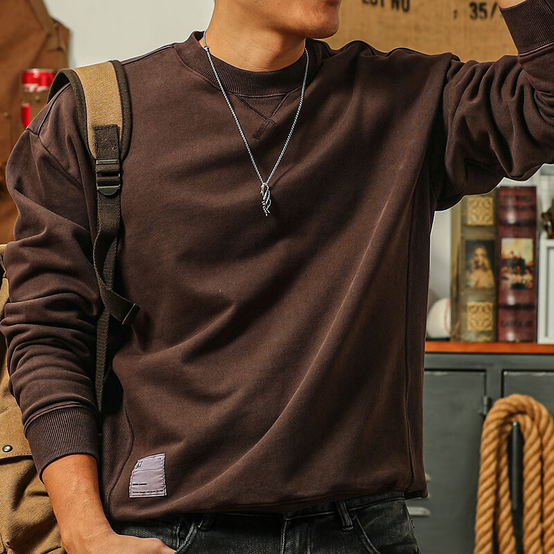 g重磅纯棉秋季外套男款潮流卫衣倒三角圆领长袖纯棉圆领卫衣男 咖啡色