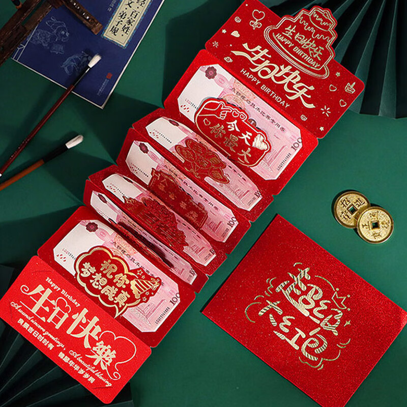 TaTanice 折叠红包6卡位 立体生日红包仪式感 生日快乐创意红包袋带信封 