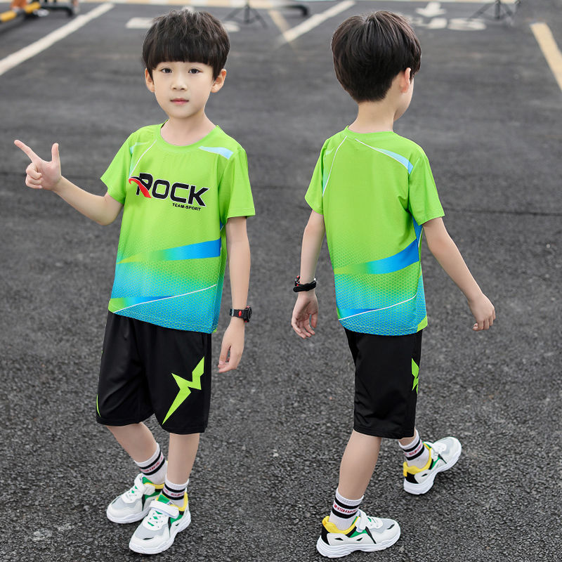 邸力通【儿童 运动套装】男童夏季运动套装2022新款中大童帅气速干衣儿童装短袖短裤篮球服 绿色(Rock)款 运动套装 170