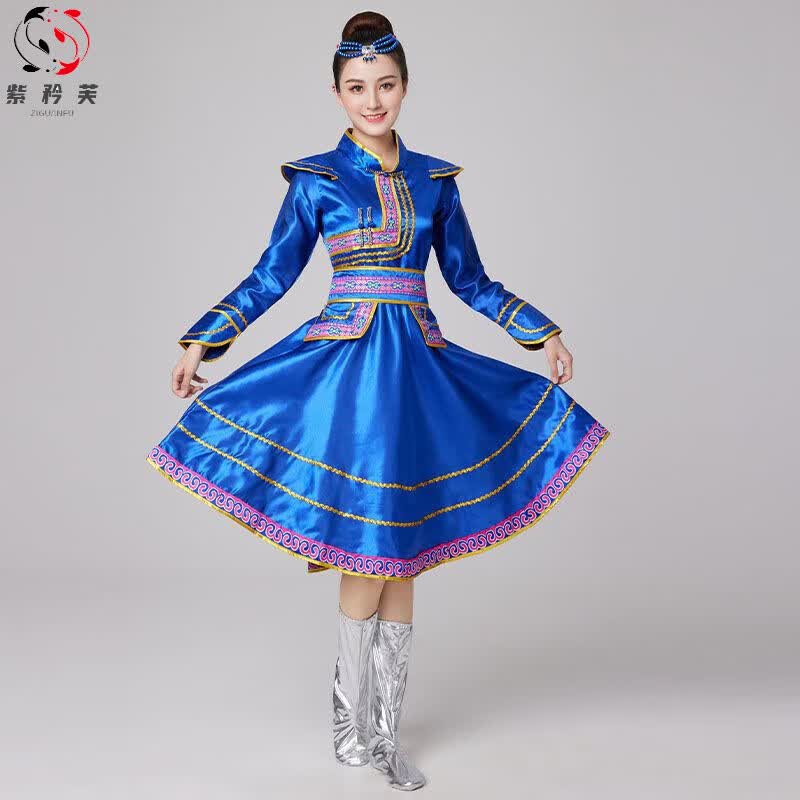 紫矜芙新款蒙古表演服女款筷子舞演出服男舞蹈草原鸿雁长裙袍 宝蓝色+珍珠 3XL高性价比高么？