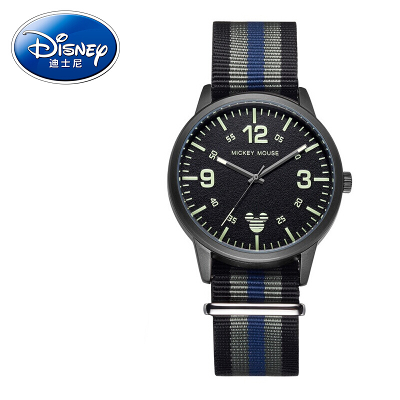 迪士尼（Disney）时尚独特复古石英机芯男士手表防水礼物腕表生日夜光 黑色
