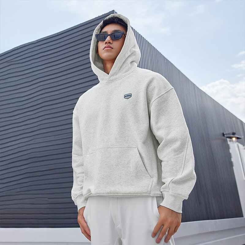 鹿家门秋冬重磅运动卫衣男加绒美式健身保暖套头衫大码连帽上衣男 浅