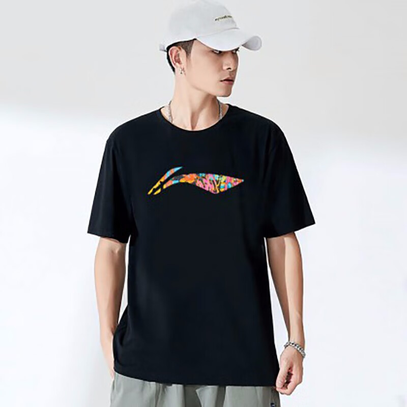 李宁短袖t恤男女同款大logo休闲上衣宽松透气棉质短t半袖 黑色693-1