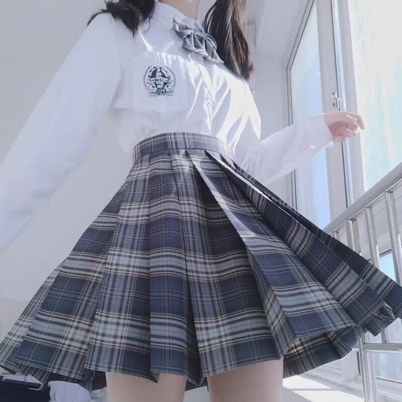 拉曼咔jk制服套装全套正版日系校服夏季学院风短袖衬衫水手服格裙百褶裙 长袖刺绣衬衫+晒海格裙+领结(送 M/50kg