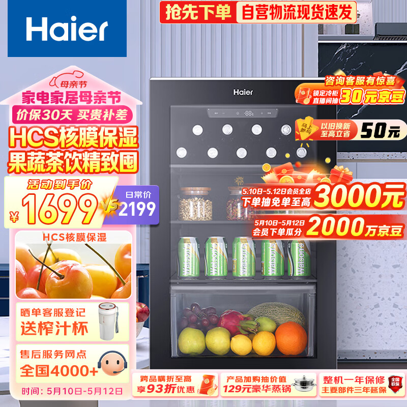 海尔（Haier）109升家用客厅办公室冷藏柜暖藏冰吧 饮料茶叶水果保鲜柜小型酒柜冰箱DS0109LHS6D1以旧换新