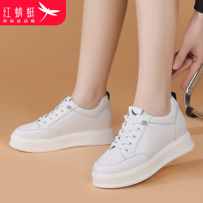 红蜻蜓女鞋春季舒适休闲鞋女耐磨系带厚底增高小白鞋子女松紧带运动鞋