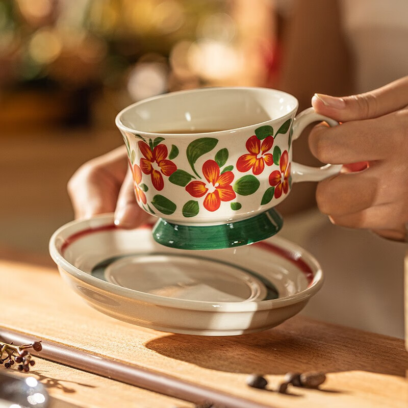 摩登主妇中式复古咖啡杯碟陶瓷马克杯家用高颜值杯子下午茶创意杯碟 绿红花杯碟 220ml