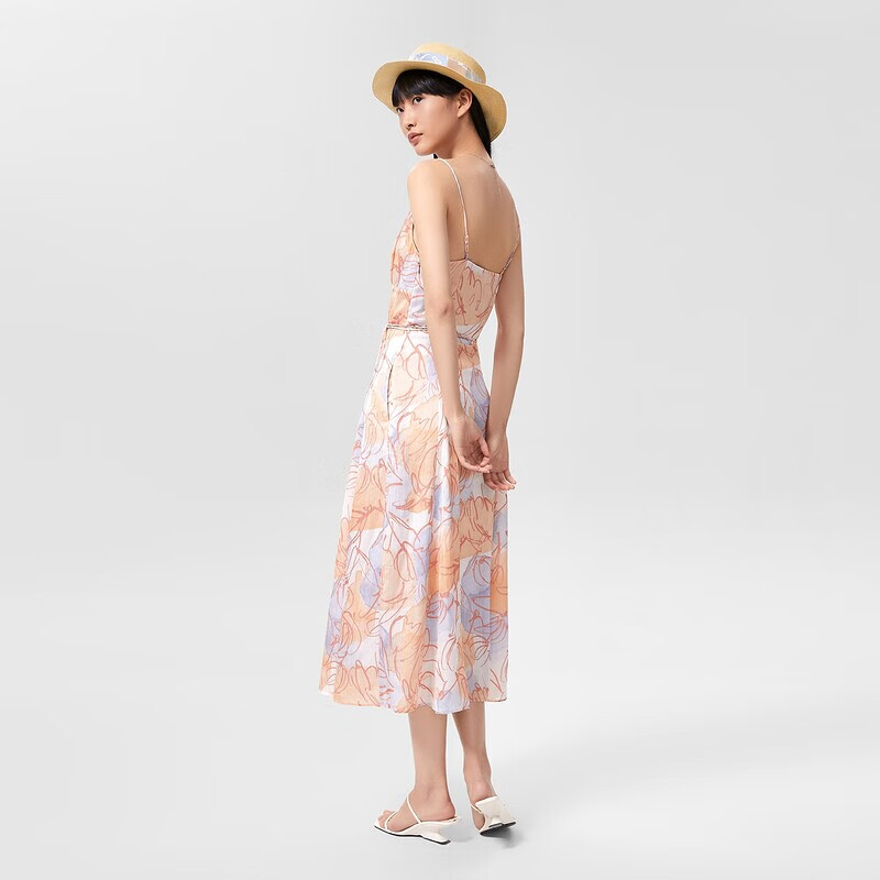 OVV【郁金香系列】OVV2022春夏新款女装水彩印花吊带连衣裙 浅橙花纹06 S