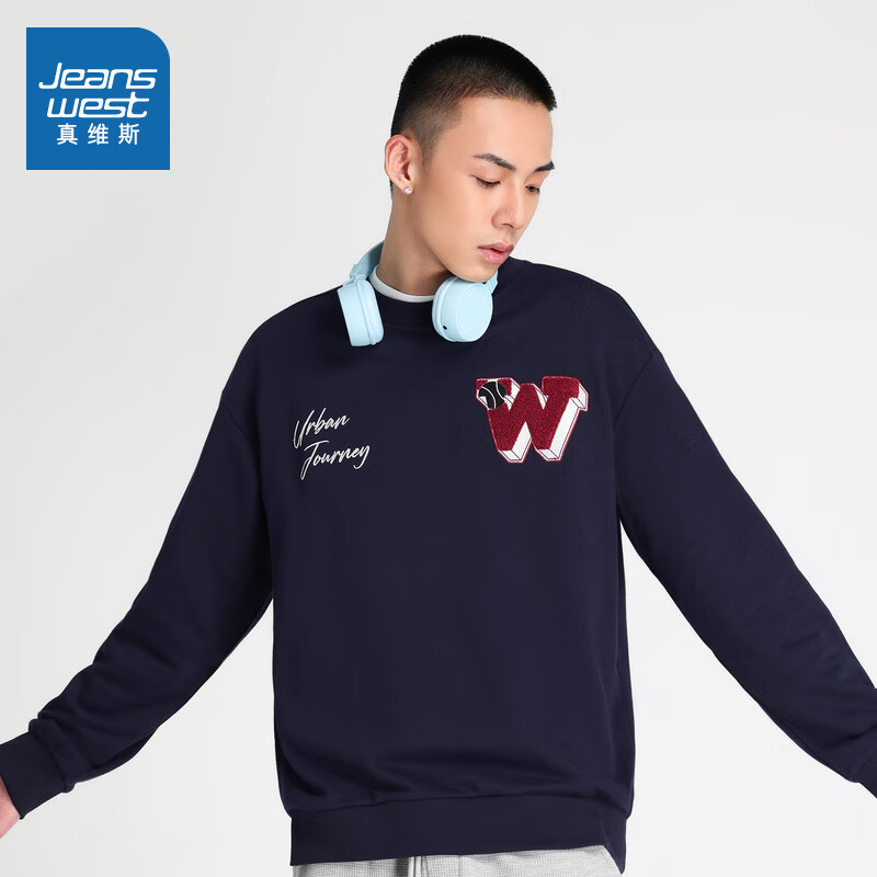 真维斯男装 春秋款  新卫衣布印花刺绣长袖T恤 JWP A款2530深蓝色 L属于什么档次？
