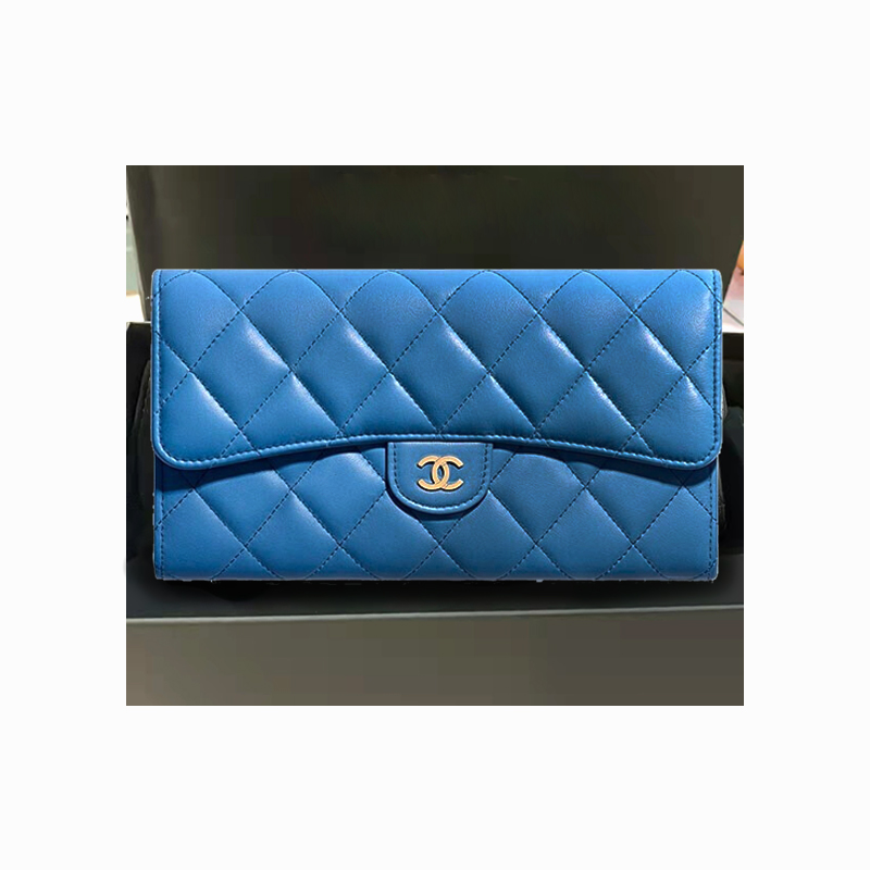 香奈儿chanel女包 钱包钱夹 蓝色双c菱格纹羊皮革搭扣钱包 蓝色